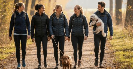 Fitwalk Son en Breugel – groep wandelaars met honden op een bospad.