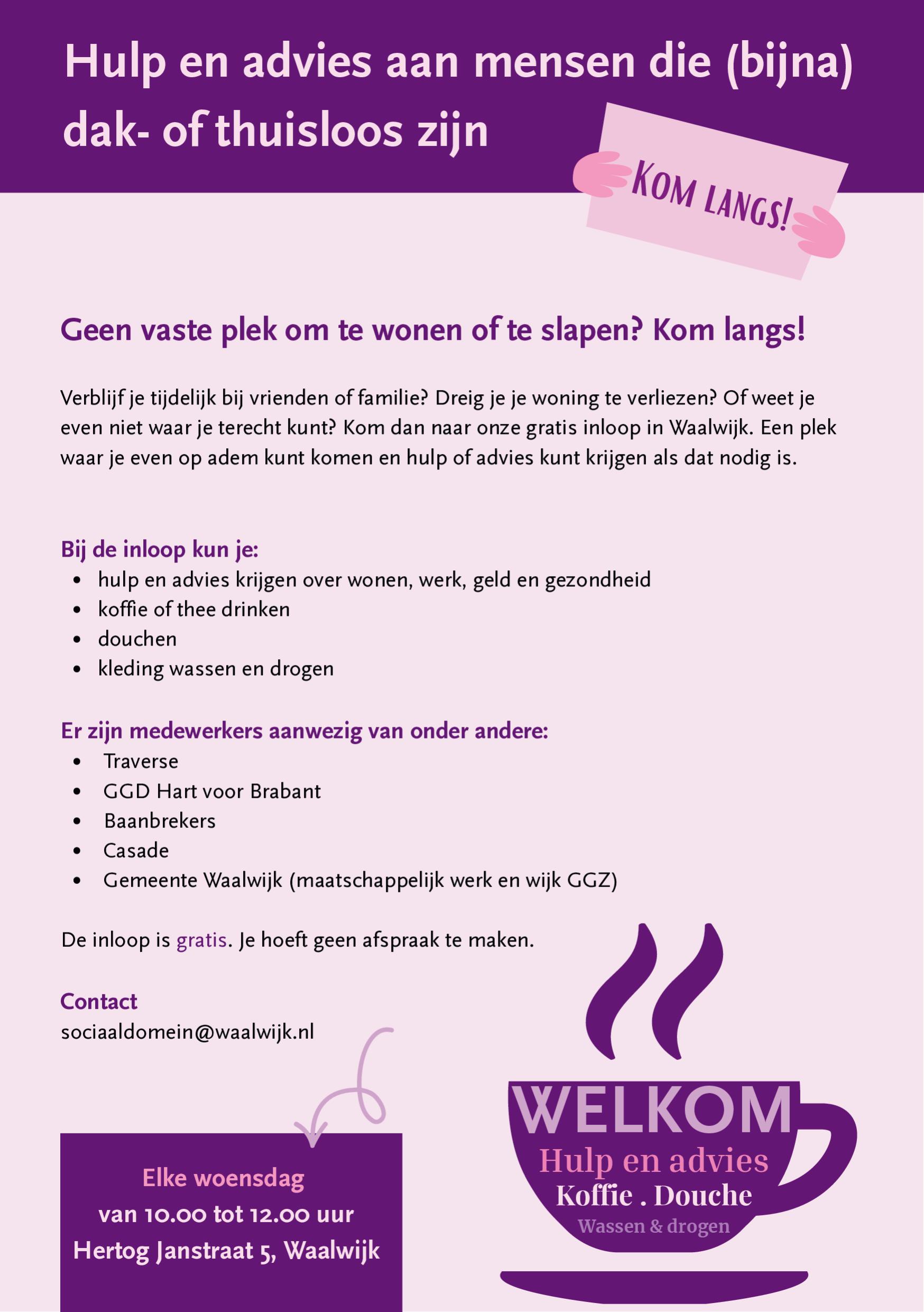 Hulp en advies aan mensen die (bijna) dak of thuisloos zijn